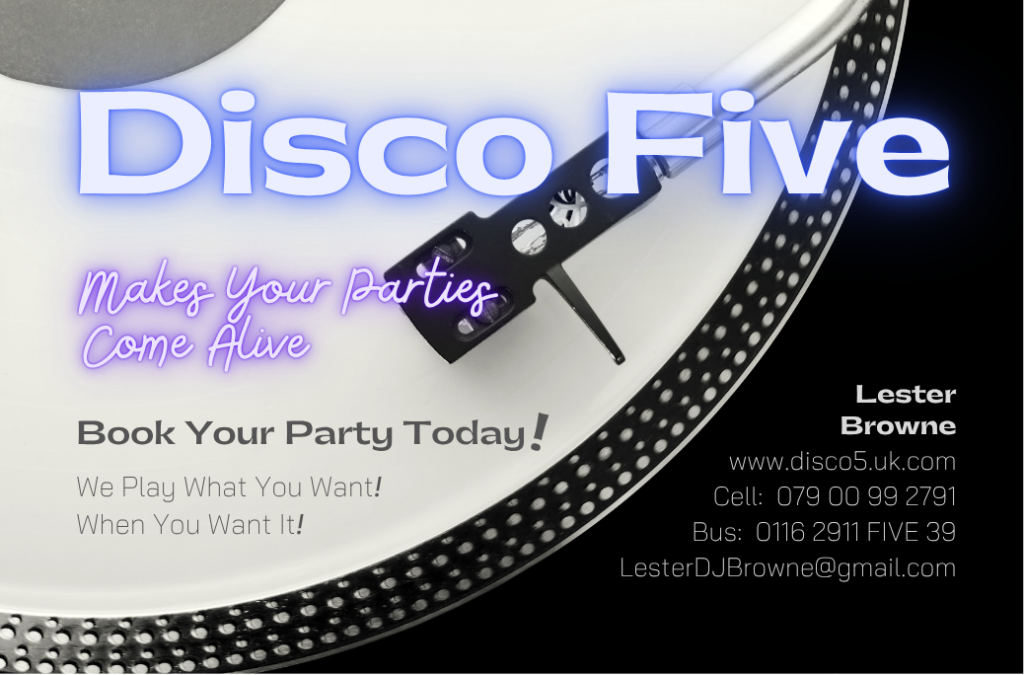 Disco Five business card with a black background and image of turntable.