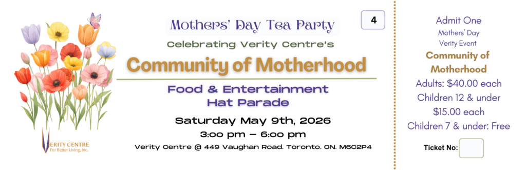 Tea party ticket with a bunch of flowers and information.