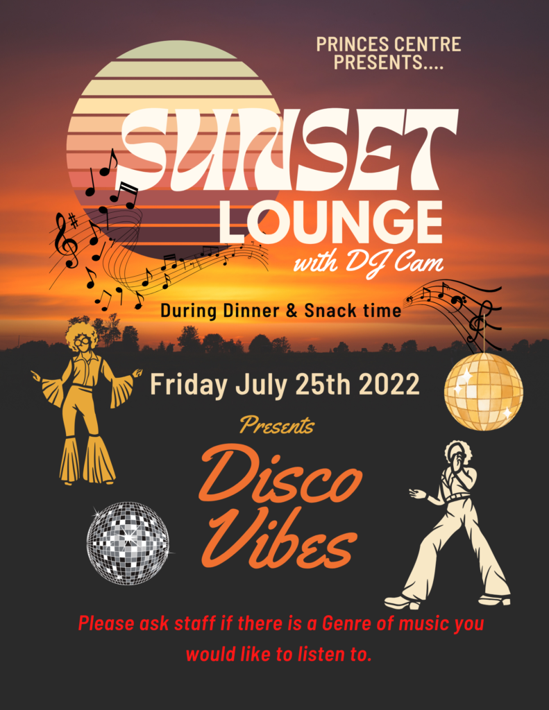 Event flyer for dinner party with sunset image for background with people in 70s outfits.
