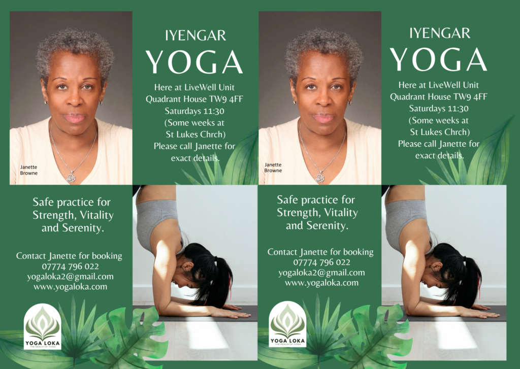 Poster for Yogalok.com with a green background and an image of yoga teacher.