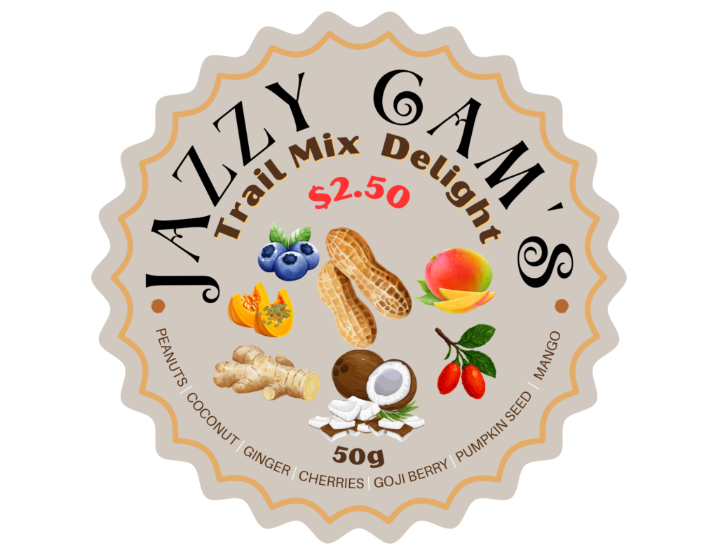 Product Sticker called Jazzy Cam's nuts, circle shape with wavy outline.