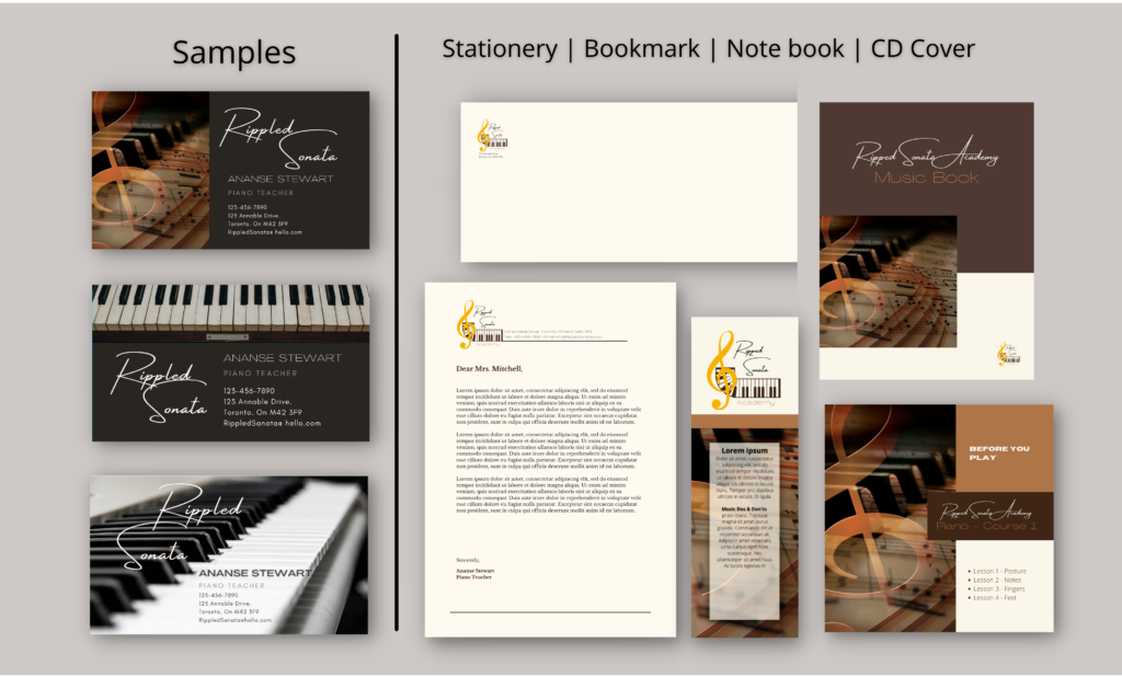 Stationery Sample set brown colouring with a piano image