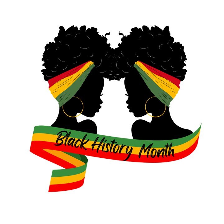 Black history month logo with a silhouette of 2 black girls with red, yellow and green headband.