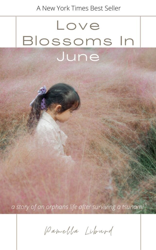 Little girl sitting in a field for the book cover of Love Blossoms in June